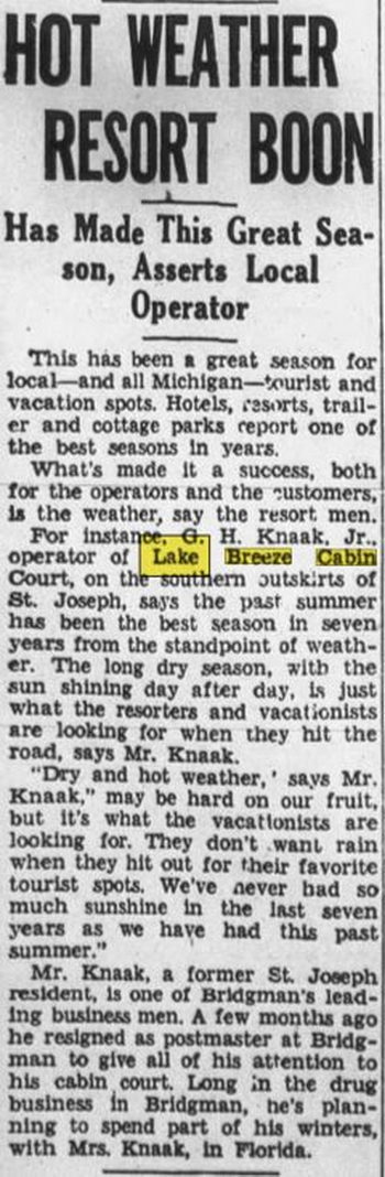 Lake Breeze Motel (Lake Breeze Cabins, Lake Breeze Cabin Court) - Sept 1946 Article (newer photo)